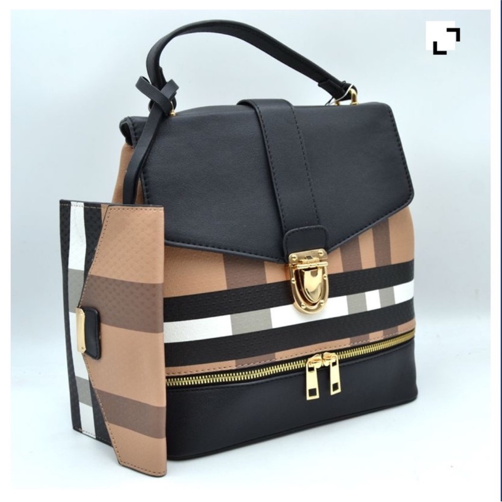New Plaid Backpack Purse + Matching Wallet Set | Black & Tan | Gold Hardware